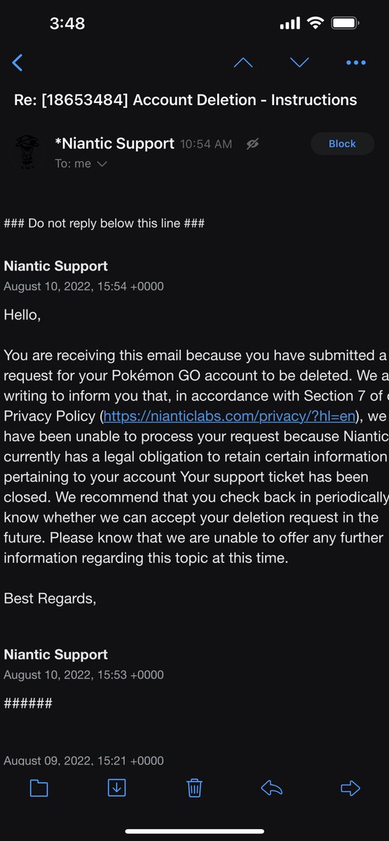 Polkemon1's tweet photo. Apparently, @NianticLabs has a “legal obligation” to hold onto account data for a “game” I abandoned about 4 years ago, due to ‘privacy reasons.’” https://t.co/QBzMkYaJJE