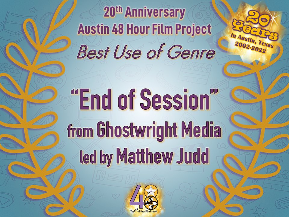 And the winners are... [Part 1 of 7]

Character: “Mythomania,” Buda Treehouse Studios
Prop: “The Wrench,”  Yellow Dinosaur Productions
Line: “Silent But Deadly,” CAKE Films
Genre: “End of Session,” Ghostwright Media

<a href="/FilmATX/">Austin Film Commission</a> <a href="/TexasFilmComm/">Texas Film Commission</a> <a href="/48HourFilmProj/">48 Hour Film Project</a> <a href="/txmpa/">TXMPA</a>