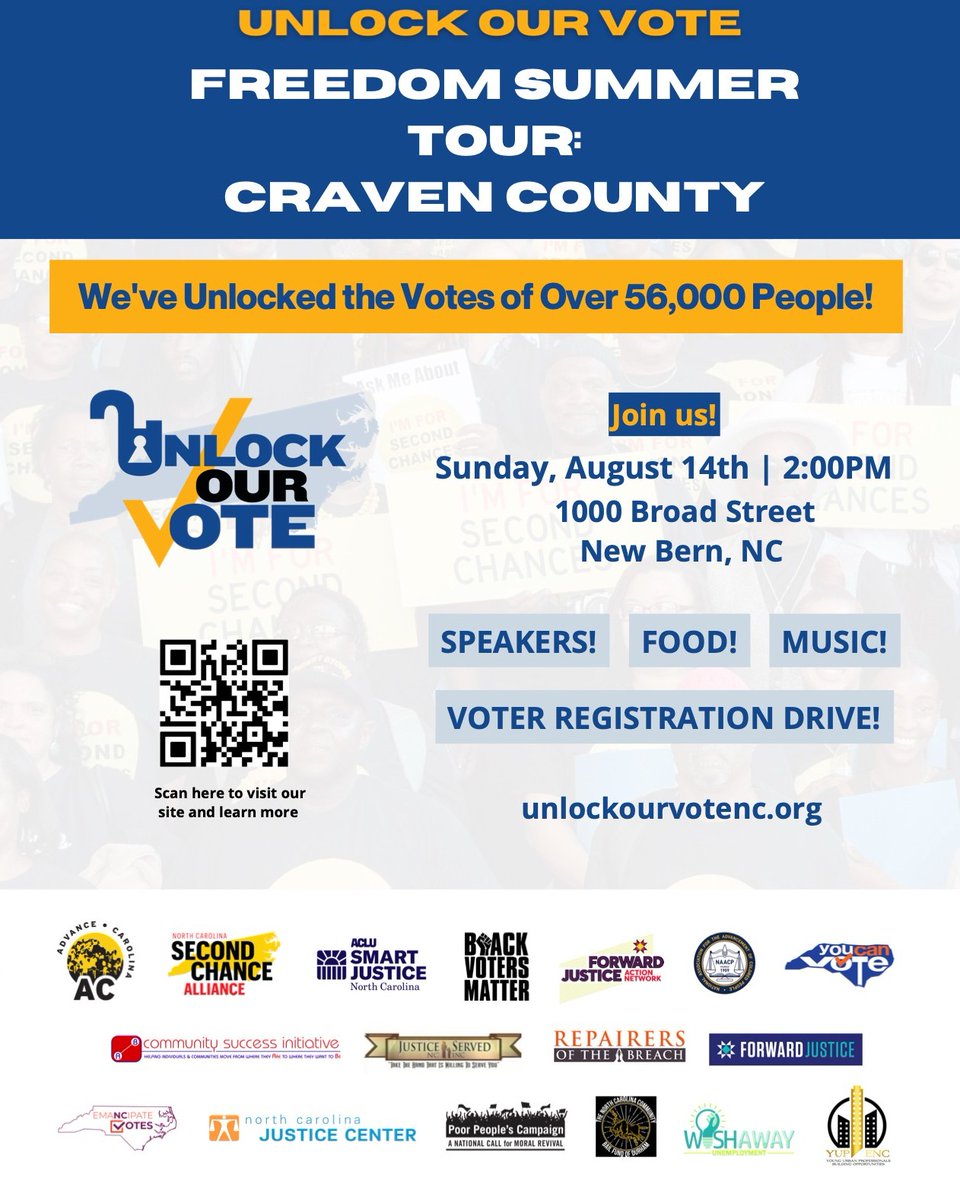 🚨 ATTENTION: CRAVEN COUNTY 🚨 

Join us at the second stop of our #FreedomSummerTour as we celebrate the largest expansion of voting rights in the state since the Voting Rights Act of 1965! #FreedomSummer #UnlockOurVote