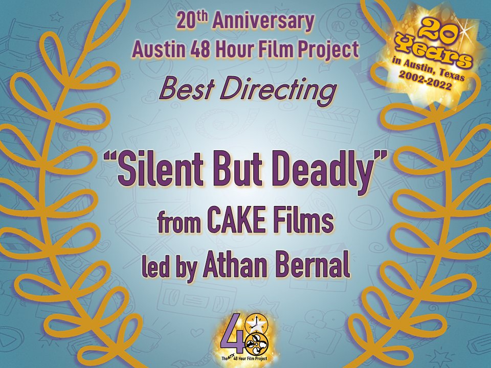 And the winners are... [Part 2 of 7]

Writing: “End of Session,” Ghostwright Media
Stunts/Choreography: “Silent But Deadly,” CAKE Films
Costumes/Hair/Make-up): “MASCOT,” NYOS Productions
Directing: “Silent But Deadly,” CAKE Films

<a href="/FilmATX/">Austin Film Commission</a> <a href="/TexasFilmComm/">Texas Film Commission</a> <a href="/48HourFilmProj/">48 Hour Film Project</a> <a href="/txmpa/">TXMPA</a>
