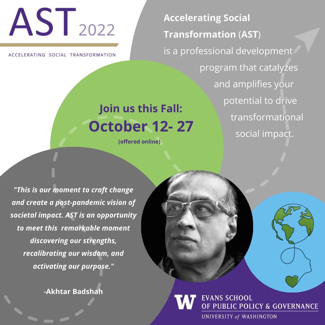xTechImpact's tweet image. Join @Akhtarbad and global, social impact leaders gathering for #AST2022 Accelerating Social Transformation, a 3 week, online professional development course hosted by @uwevansschool 
Oct 12-27… APPLY NOW: lnkd.in/g6xcMW2c

 #purposemindset