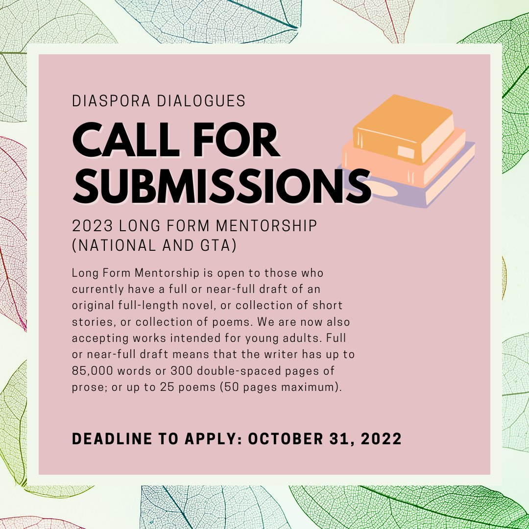 Hey community! 

If you have a full or near-full draft of a full-length novel, collection of short stories or collection of poems, our long form mentorship program might be a great fit for you!

Applications are due on October 31 (Halloween)!

Learn more 👇🏽diasporadialogues.com/mentorship/