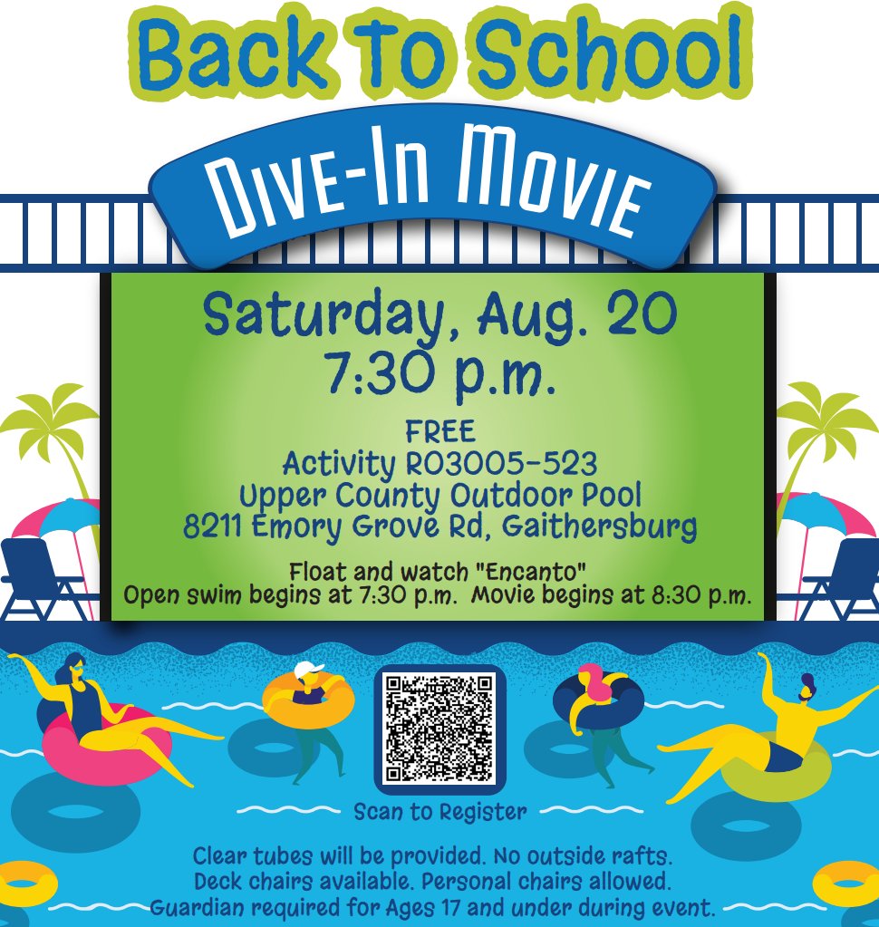 Join #MoCoRec for a back to school 'Dive in Movie!' 🎥 Details ➡️ ow.ly/u0qV50KfTjk. #Summer