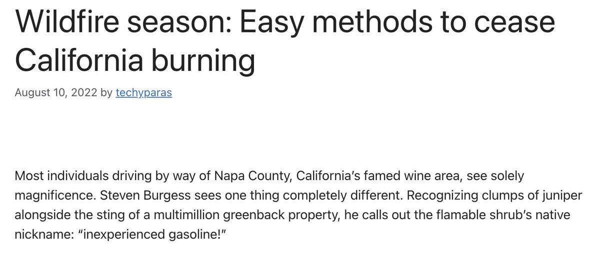 This act of plagiarism is so funny I can't bring myself to be mad. A site appears to have put my wildfires article through software that swaps key words with synonyms. The end result is quite excellent. (My lede on the left, in case it isn't clear)