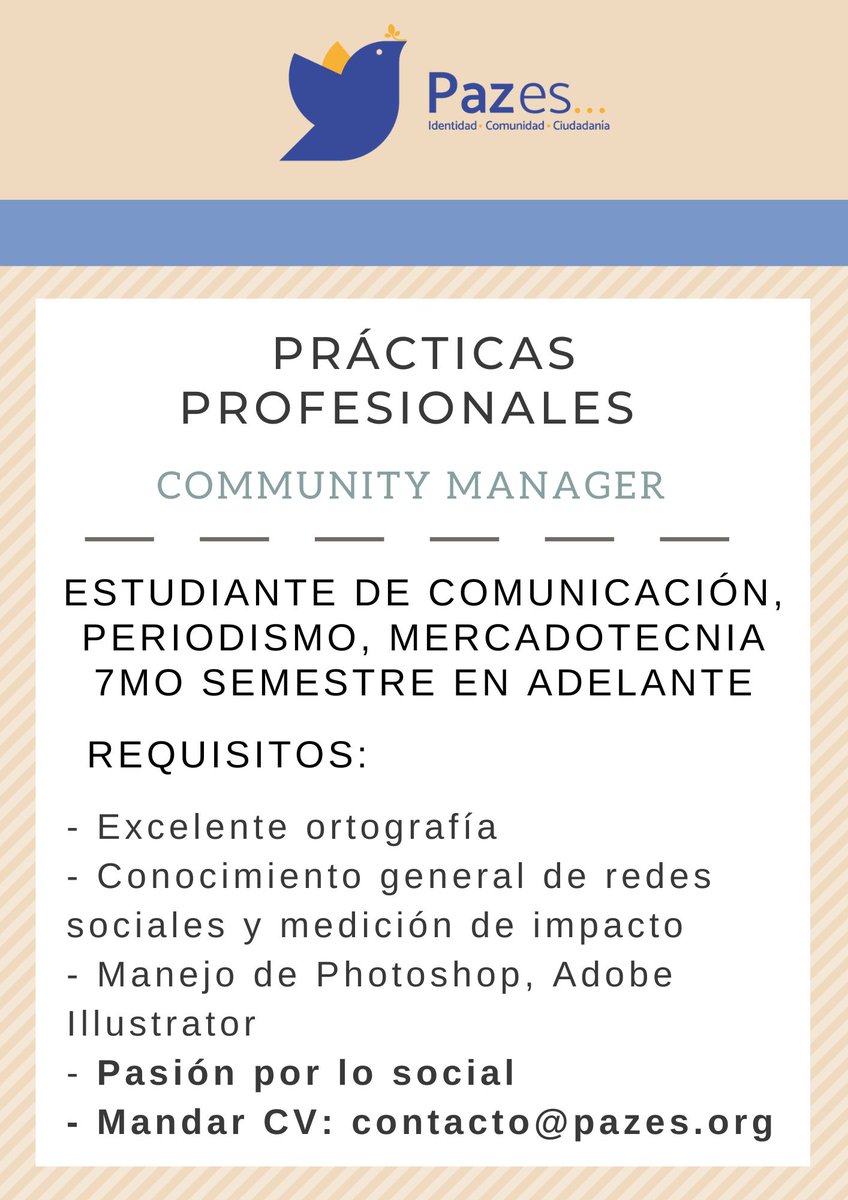 PazEs's tweet photo. ¡Estamos buscando prácticantes! 

Si te apasiona el sector social y te gustaría aprender cómo se trabaja desde una OSC, te invitamos a que nos mandes tu CV a contacto@pazes.org. 

#SihayChamba #NuevoLeón #prácticasprofesionales #mty #osc #sociedadcivil https://t.co/DbYYwA1CNF