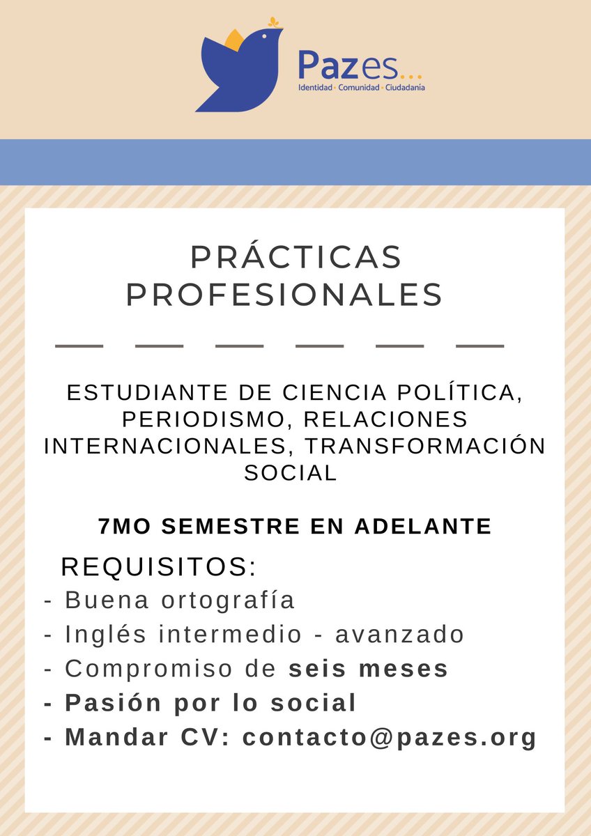 ¡Estamos buscando prácticantes! 

Si te apasiona el sector social y te gustaría aprender cómo se trabaja desde una OSC, te invitamos a que nos mandes tu CV a contacto@pazes.org. 

#SihayChamba #NuevoLeón #prácticasprofesionales #mty #osc #sociedadcivil