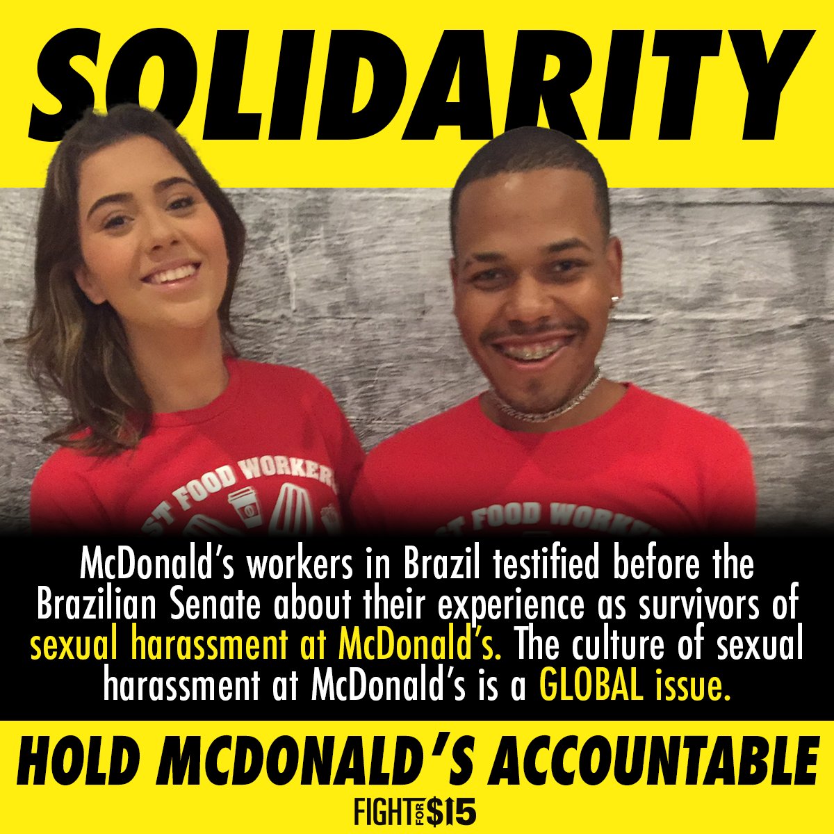 Sexual Harassment at @McDonalds isn’t just a US issue. Workers in Brazil with @SemDireitosNao are organizing and speaking out against sexual harassment too.
McD’s needs to listen to their workers and let them lead in creating a solution!

#MeTooMcDonalds #FastFoodGlobal