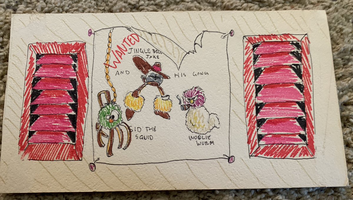 deniisubi's tweet photo. I’m going through some of Derrick’s old artwork and paused when I saw this one, because I was sure I recognized the characters as toys. Then I realized they were a set of *cat* toys we used to have. And he turned them into villains because… https://t.co/e0LmputCa8