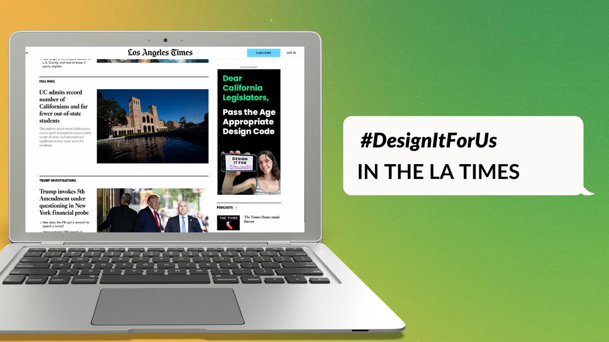 logoff_movement's tweet image. 🚨BREAKING NEWS🚨... #DesignItForUs is in the LA Times!
. 
We took over the HOMEPAGE of the LA Times to urge California lawmakers to support the Age Appropriate Design Code ahead of tomorrow’s CA Senate Appropriations Committee vote.📱