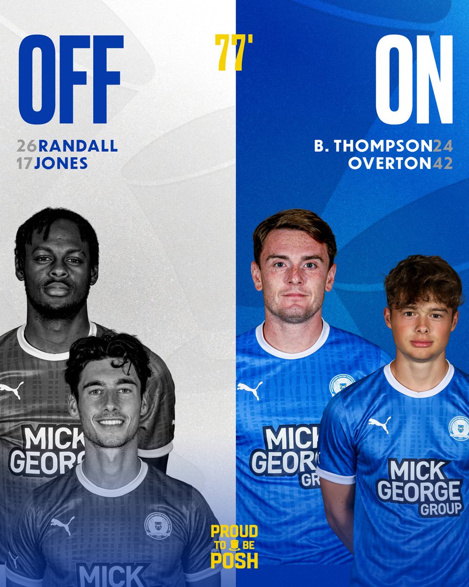 theposh's tweet photo. 77' - Two more changes for Posh as Overton comes on to make his debut 👏

➡️  B. Thompson, Overton
⬅️  Jones, Randall

🟢 0 - 1 🎩 | #PLYPET https://t.co/XFfIhWxRie