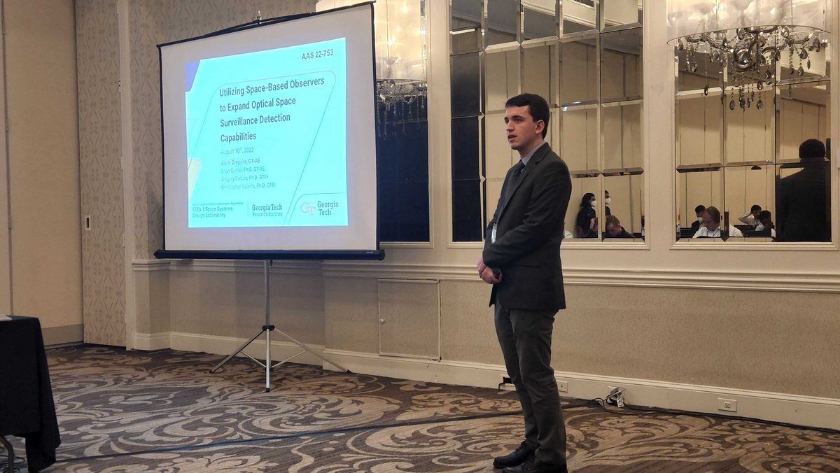 GTssdl's tweet image. Alaric Gregoire (PhD) presented this morning on Using Space Based Observers for Optical Space Surveillance, a much needed capability as the number of objects around Earth increases and new ways are needed to track and catalog space objects 🌎🛰️ #Astrodynamics