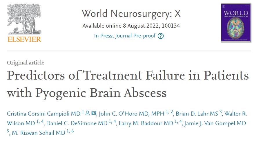 MayoClinicINFD's tweet photo. Publication Alert
Congratulations to graduate Dr. @cristinacorsini on another paper from fellowship!
Higher comorbidity index and pre-existing CNS hardware were associated with treatment failure.
Early surgery = 45% reduce risk of 6-month treatment failure. #brainabscess https://t.co/aZFTkcNR2i