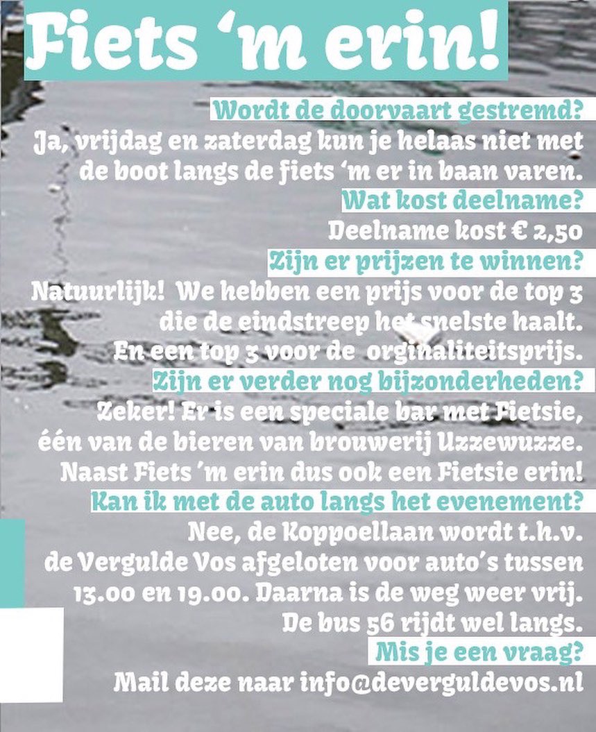 🚲💦10 DAGEN TOT...💦🚲
Fiets 'm er in bij de Vergulde Vos, de gezelligste vakantieafsluiter van deze zonnige zomer! Want wie kent het niet?! Ter land, ter zee en in de lucht. Het grote waterspektakel van de televisie, maar nu gewoon in het water voor de Vergulde Vos. Alle info⬇️