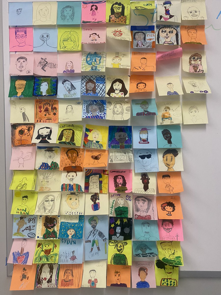 Selfie on a sticky! Students created self portraits on a @Postit and added to our portrait wall. Ss also added the #LearnerProfile they identify with the most and the one they would like to embody more. #Risktaker #IB #RPArt