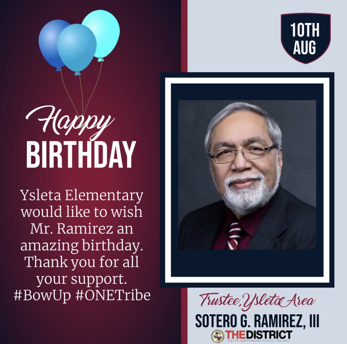 Birthday wishes to our Ysleta Area Trustee, Mr. Sotero Ramirez! 🎂#BowUp 🏹 <a href="/sotero_ramirez/">Sotero Ramirez</a> #ONETribe <a href="/_IreneAhumada/">Irene Ahumada</a> <a href="/BrendaChR1/">Brenda Chacon-Robles, Ed.D.</a>