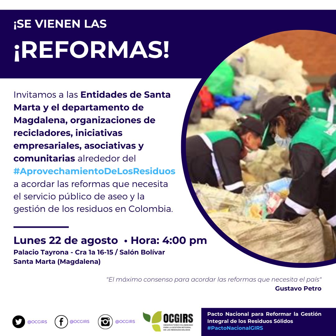 #PactoNacionalGIRS
Seguimos construyendo las #Reformas que necesita el país para orientar el servicio público de aseo y la gestión de los residuos hacia la economía circular y el aprovechamiento.

Invitada también <a href="/MagdalenaGober/">Gobernación del Magdalena</a> y <a href="/SantaMartaDTCH/">Alcaldía de Santa Marta</a> a participar de este pacto.
