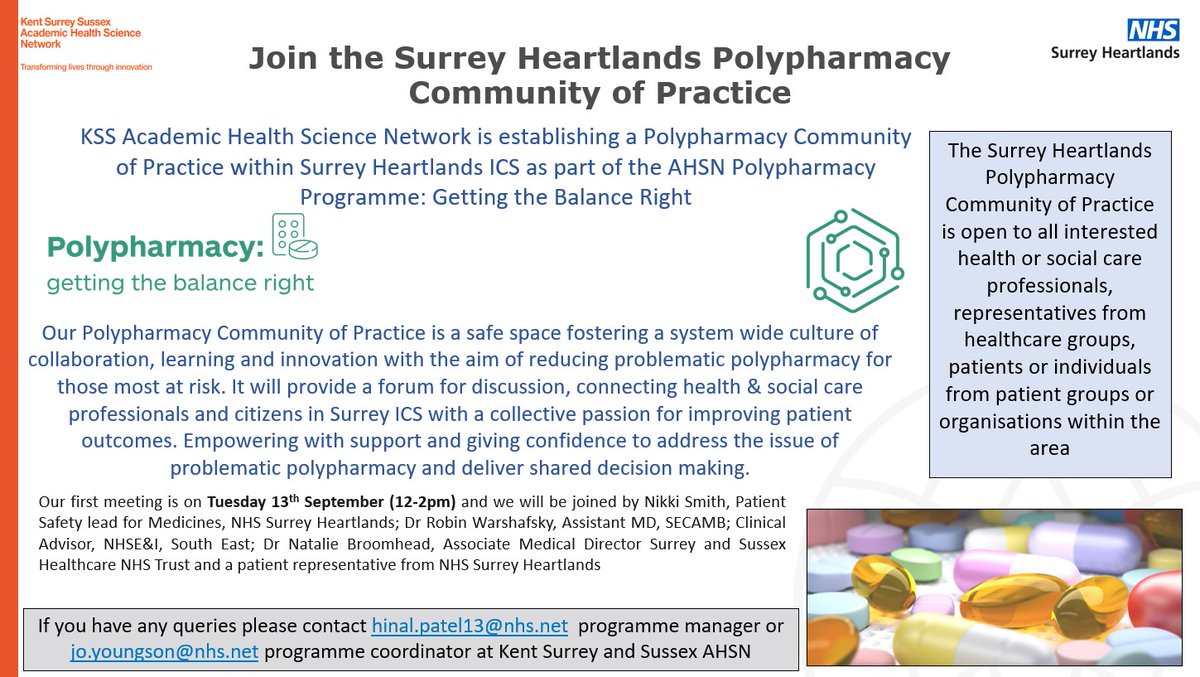 @KSSAHSN invites you to join the first Surrey Heartlands Polypharmacy Community of Practice on 13th September 12-2pm. If you are a GP, pharmacist, geriatrician, nurse, AHP with an interest in addressing problematic polypharmacy then register here eventbrite.co.uk/e/surrey-heart…
