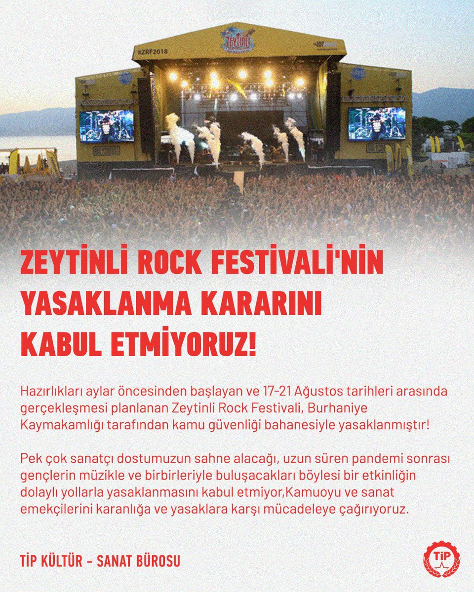 Pek çok sanatçı dostumuzun sahne alacağı, pandemi sonrası gençlerin müzikle ve birbirleriyle buluşacakları Zeytinli Rock Festivali’nin yasaklanmasını kabul etmiyor, kamuoyu ve sanat emekçilerini karanlığa ve yasaklara karşı mücadeleye çağırıyoruz.