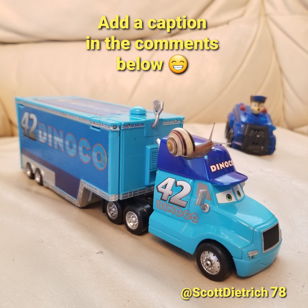 Add a caption to this action packed photo of my son's pet snail!

#justforfun #snail #petsnail #cars #racecars #transporttrucks #dinoco #chase  #pawpatrol #pets #magic #magician