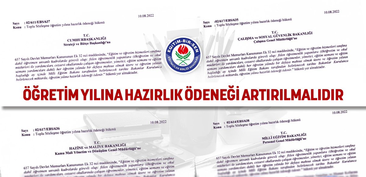 Cumhurbaşkanlığı, Millî Eğitim Bakanlığı, Çalışma ve Sosyal Güvenlik Bakanlığı ile Hazine ve Maliye Bakanlığı’na başvurarak, öğretim yılına hazırlık ödeneğinin en az yıllık TÜFE değişim oranına tekabül eden tutarda artırılmasını talep ettik.

▫️ebs.org.tr/manset/5665/og…