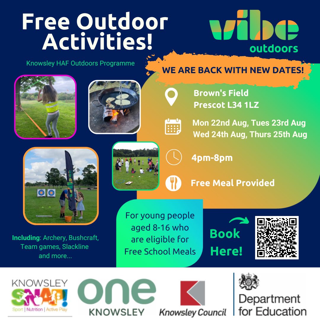 We are back in Brown’s field for #Knowsley #HAF!!! Come and see us from Monday 22nd - Thursday 25th August 4-8pm!😁 

<a href="/vibeukorg/">Vibe</a> <a href="/OneKnowsley/">One Knowsley</a> #KnowsleySNAP #KnowsleyHAF #AALA #LOTC #Adventuremark #outdoors #freeactivities #thingstodo #thingstodoinKnowsley #Prescot #Brownsfield