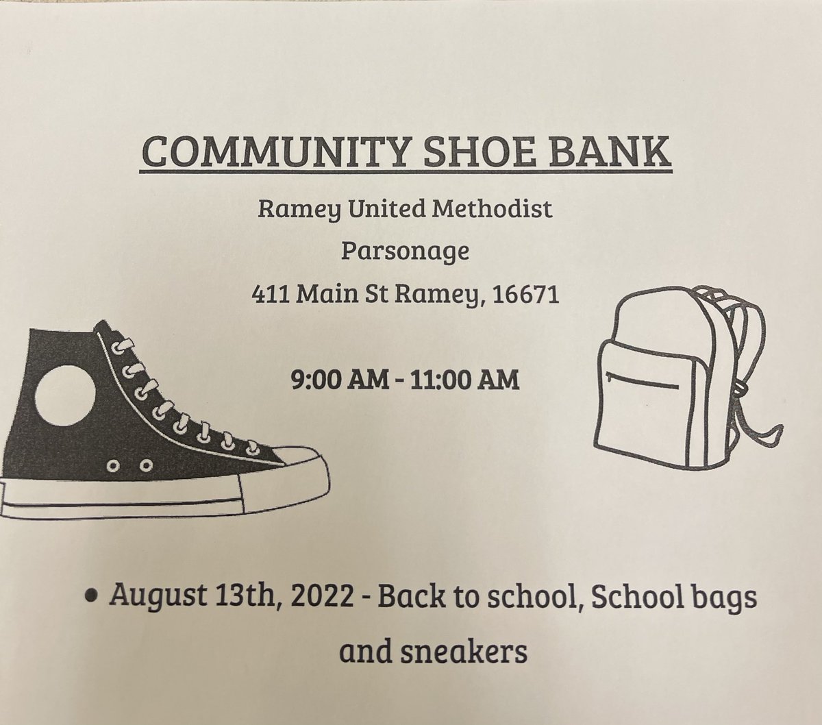 Resource Alert for this Saturday!!
Back to School supplies, backpacks, and sneakers on August 13th from 9-11AM at Ramey United Methodist. Reach out to Marie at (814) 378-5479 with any questions!