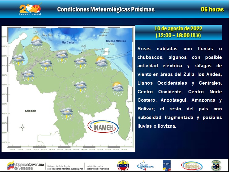 #10Ago| Conoce las condiciones meteorológicas para las próximas 06 Horas del <a href="/INAMEH/">INAMEH</a> #TrabajadoresConLaPatria