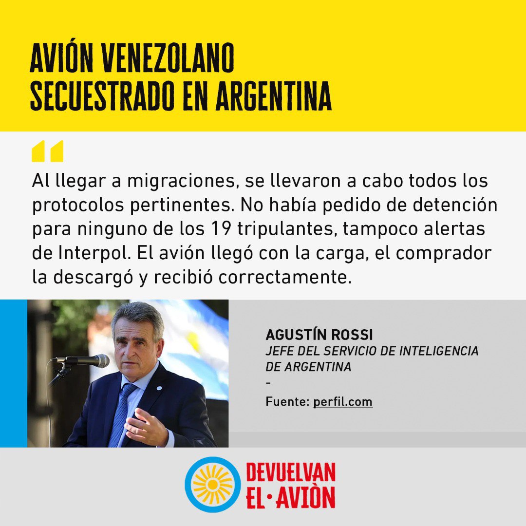 VTVcanal8's tweet photo. #EsNoticia🗞️| Declaraciones del Jefe del Servicio de Inteligencia de Argentina, Agustín Rossi 👇

¡Liberen el avión!

#TrabajadoresConLaPatria https://t.co/CFlH5fmLE4