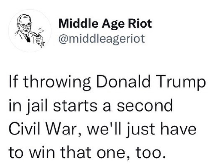 LN8donuts's tweet photo. Let’s all agree the first things to get blown up in this civil war are Mar-a Lago, Bedminster and other gold courses, and trump tower https://t.co/qkKcKmFpit