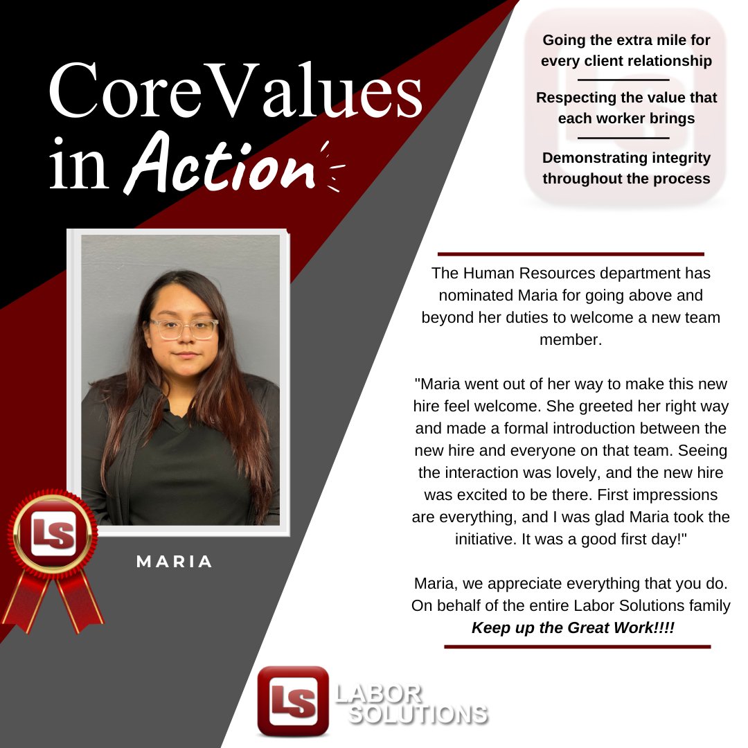LaborSolutions's tweet photo. Maria, we appreciate everything that you do. On behalf of the entire Labor Solutions family, Keep up the Great Work!!!!
https://t.co/kcwwQVRWZr
#laborsolutions #corevaluesinaction #lsworkfamily #chicagonorth #staffingagency https://t.co/LlO64fmNo0