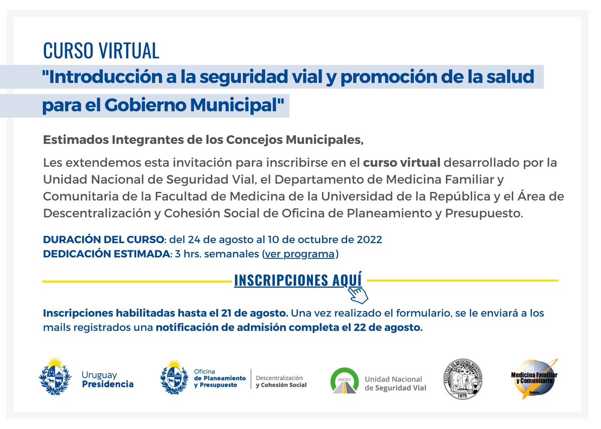 El Área de Descentralización y Cohesión Social, de <a href="/oppuruguay/">OPP Uruguay</a>, invita a los integrantes de los Concejos Municipales a participar de un #cursovirtual desarrollado junto a <a href="/UNASEV/">Unidad Nacional de Seguridad Vial</a> y el Departamento de Medicina Familiar y Comunitaria de la <a href="/fmedoficial/">fmedoficial</a>.

🖥️municipios.gub.uy/noticias/curso…