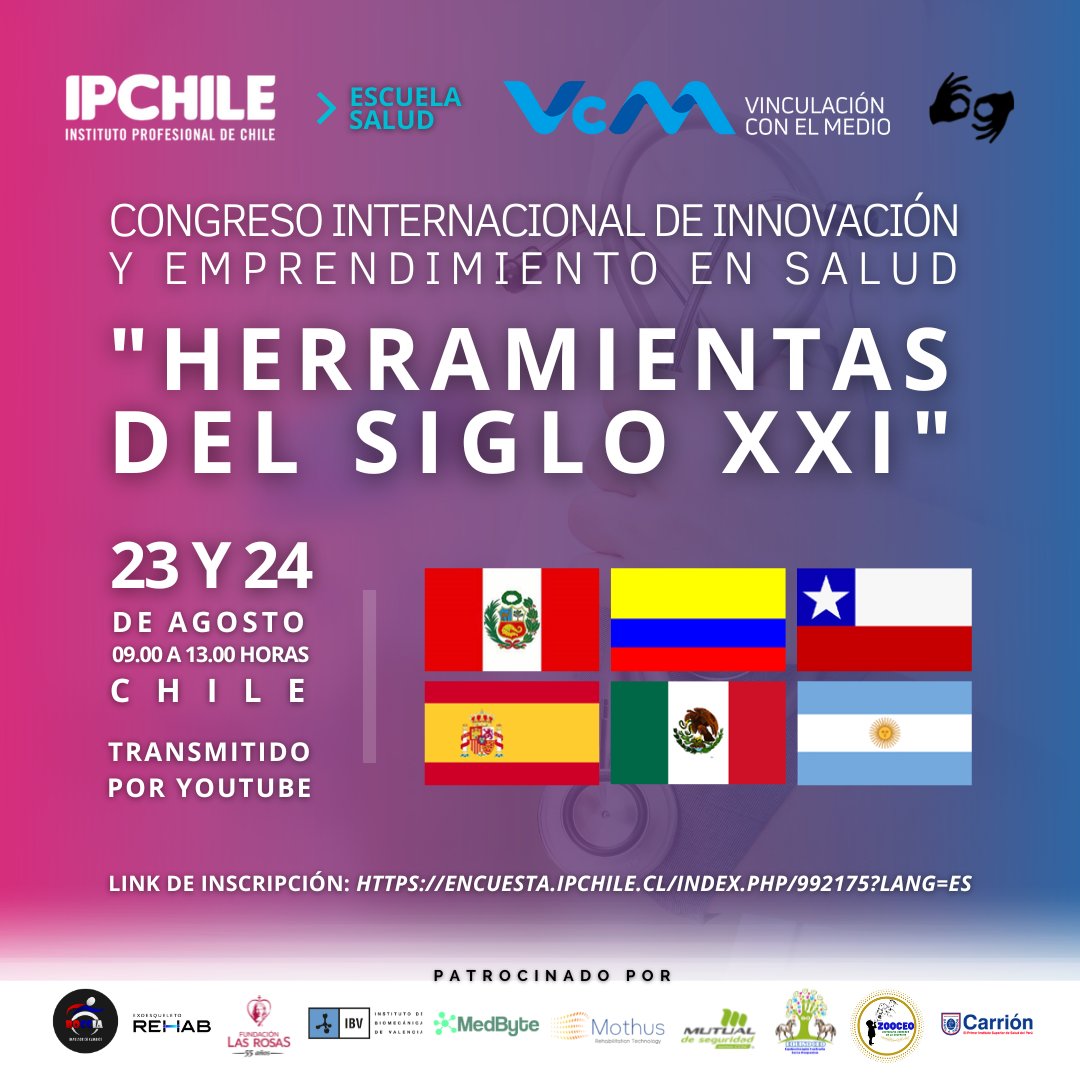 IPCHILE's tweet photo. 🔵La Escuela de #Salud de #IPCHILE junto al Programa de Vinculación con el Medio te invitan a ser parte del primer Congreso Internacional de Innovación y Emprendimiento de Salud, el cual se desarrollará este 23 y 24 de agosto. 

Inscríbete en https://t.co/pjFVi0n01B https://t.co/d5GeJdxpbK