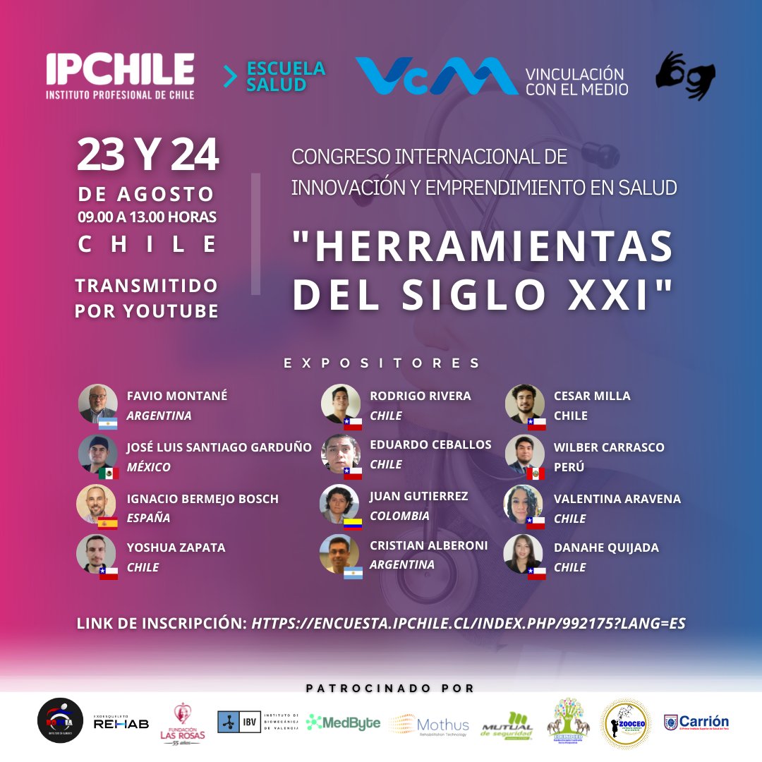 IPCHILE's tweet photo. 🔵La Escuela de #Salud de #IPCHILE junto al Programa de Vinculación con el Medio te invitan a ser parte del primer Congreso Internacional de Innovación y Emprendimiento de Salud, el cual se desarrollará este 23 y 24 de agosto. 

Inscríbete en https://t.co/pjFVi0n01B https://t.co/d5GeJdxpbK