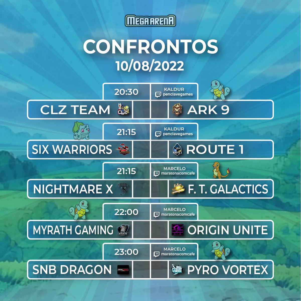 xmgaesports's tweet photo. 📢 Acharam que hoje não ia ter pancadaria amigável?? Na Mega Arena o que não falta é competitivo de Pokemon Unite! Confira os confrontos de hoje. 🍃🔥💧⚡ https://t.co/byCLIRK8Os