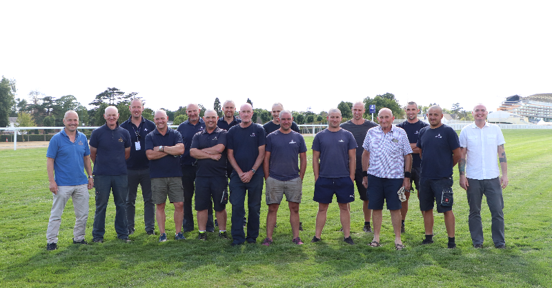 Ascot's tweet photo. The #Ascot Grounds Team, including Clerk of the Course, Chris Stickels, have "Braved the Shave" in support of their team member who has recently been diagnosed with testicular cancer and is undergoing chemotherapy.
 
The team are raising money and awareness via @macmillancancer👇
