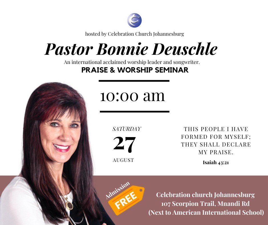 Join us Sat 27 Aug, as we host our Senior Pastor, Renowned Worship Leader and Songwriter <a href="/BonnieDeuschle/">Bonnie Deuschle</a> for a “Praise &amp; Worship Seminar” more detail 👇🏾