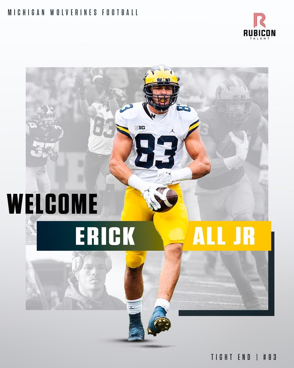 We are thrilled to welcome the University of Michigan’s senior Tight End, Erick All, to Rubicon Talent💫 We will help direct Erick in all areas off-the-field and work to develop his personal brand as well as build a portfolio of authentic partnerships. Let’s get it #️⃣8️⃣3️⃣