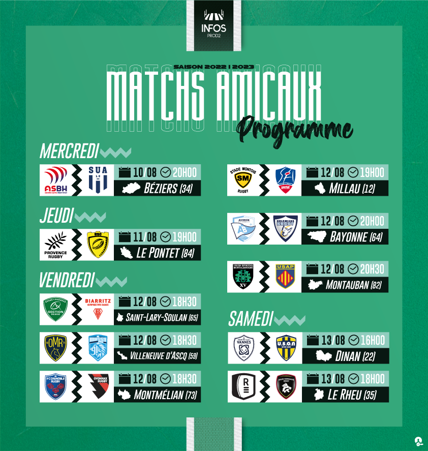 InfosProd2's tweet photo. Le programme des matchs amicaux du 10 août au 13 août
@SArugbyofficiel @SMR_Rugby @ColomiersRugby @avironrugbypro @UsmSapiacRugby @usap_officiel @usonneversrugby @RugbyClubVannes @RouenNdieRugby @RennesRugby @VilleDeBeziers @APRUGBY84 @VilleDeBayonne https://t.co/8lj0czR4qC