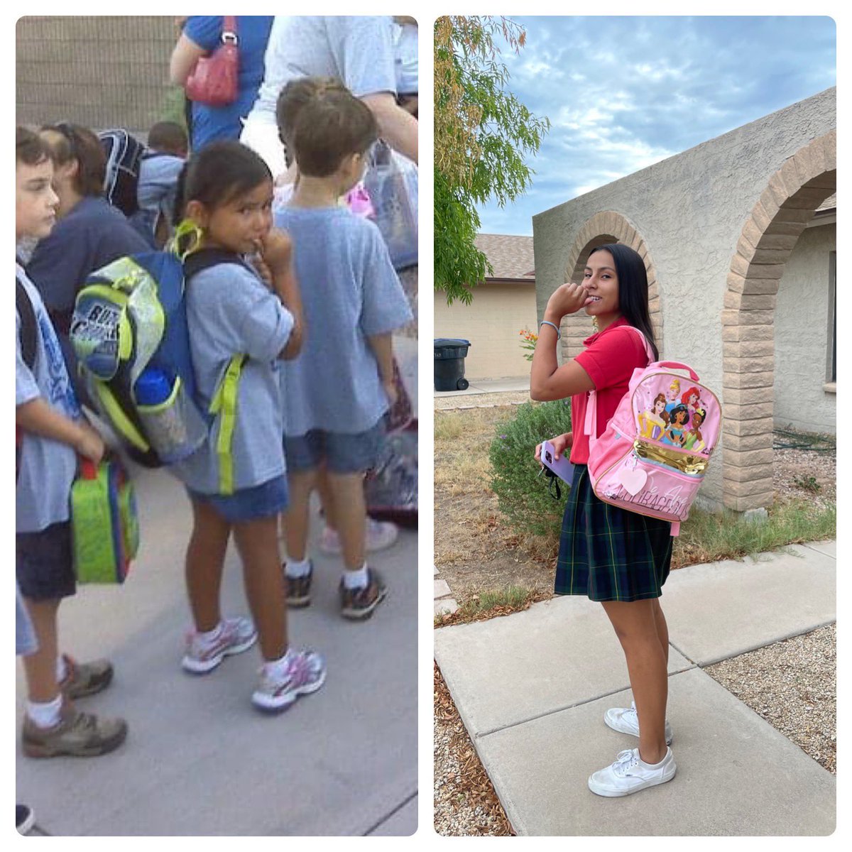 Start of Senior Year for Babygirl! Pic of first day of kindergarten and 12 years later(almost to the day) her first day of senior year. All I can say is time flies, and don’t blink because they grow up quick! #Seton