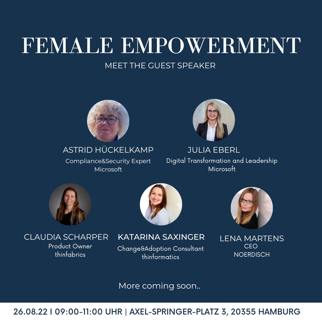 womenintechdach's tweet image. Am 26.08 ist der diesjährige Women-Equality-Day👩‍💻! Wir möchten diesen besonderen Tag beim thinformatics Event #FEMSPIRE- Find your Inspiration in Technology feiern!
bit.ly/femspirehamburg
#thinformatics #thinfabrics #noerdisch #microsoft #femspire #womenintech #womenintechdach
