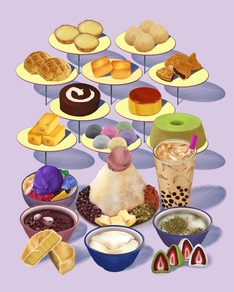 The next Asian American still life is "Cakes and Treats", inspired by Wayne Thiebaud's "Cakes and Pies". I took Thiebaud's colorful vibe to draw favorite bakery treats, including mochi, pineapple cakes, shaved ice, mung bean soup, and bubble tea. #illustration #digitalartwork