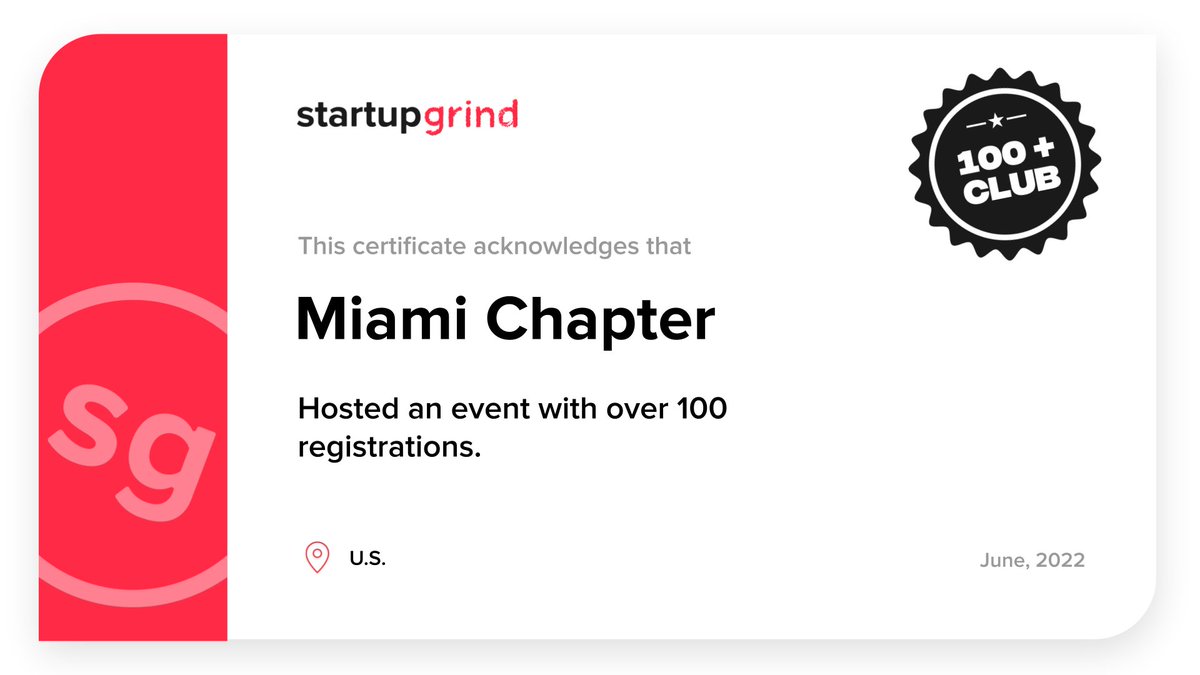 I want to congratulate you on your great achievements in June. Your chapter hosted the event with more than 100 attendees and made it to the TOP11 chapters globally🙀 
Sending your well-deserved 100+ Club certificate attached.
Thank you for this hard work and keep rockin'