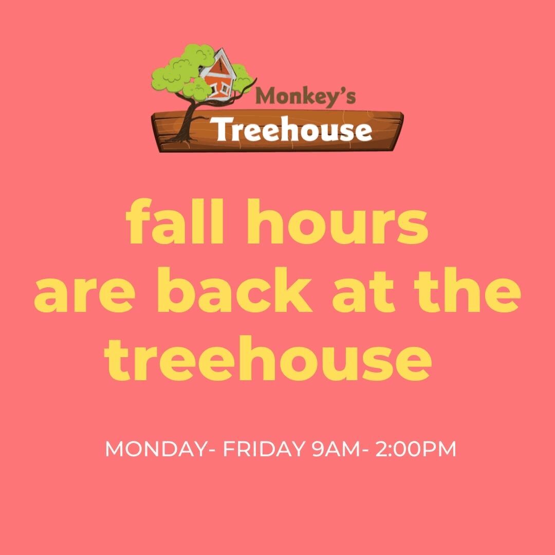 MnkeysTreehouse's tweet photo. Please be advised that we are back on fall hours. The Treehouse is open for play M-F 9am-2pm &amp; Saturday 9am-1pm. We hope to see you soon 😊

#kidsactivities
#workingparent
#workingmom
#workingathome
#trampoline
#toddlers
#toddlerplay https://t.co/f3BFyQRDgN