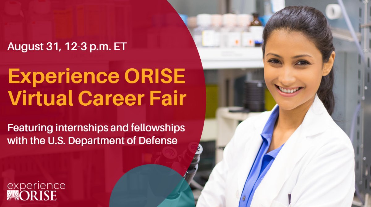 Join us on Wednesday, Aug. 31, from 12 to 3 p.m. ET for a #virtualcareerfair highlighting #STEM #internship and #fellowship opportunities with @DeptofDefense research facilities!

Register today ➡️ ow.ly/tQ0S50KgXKl