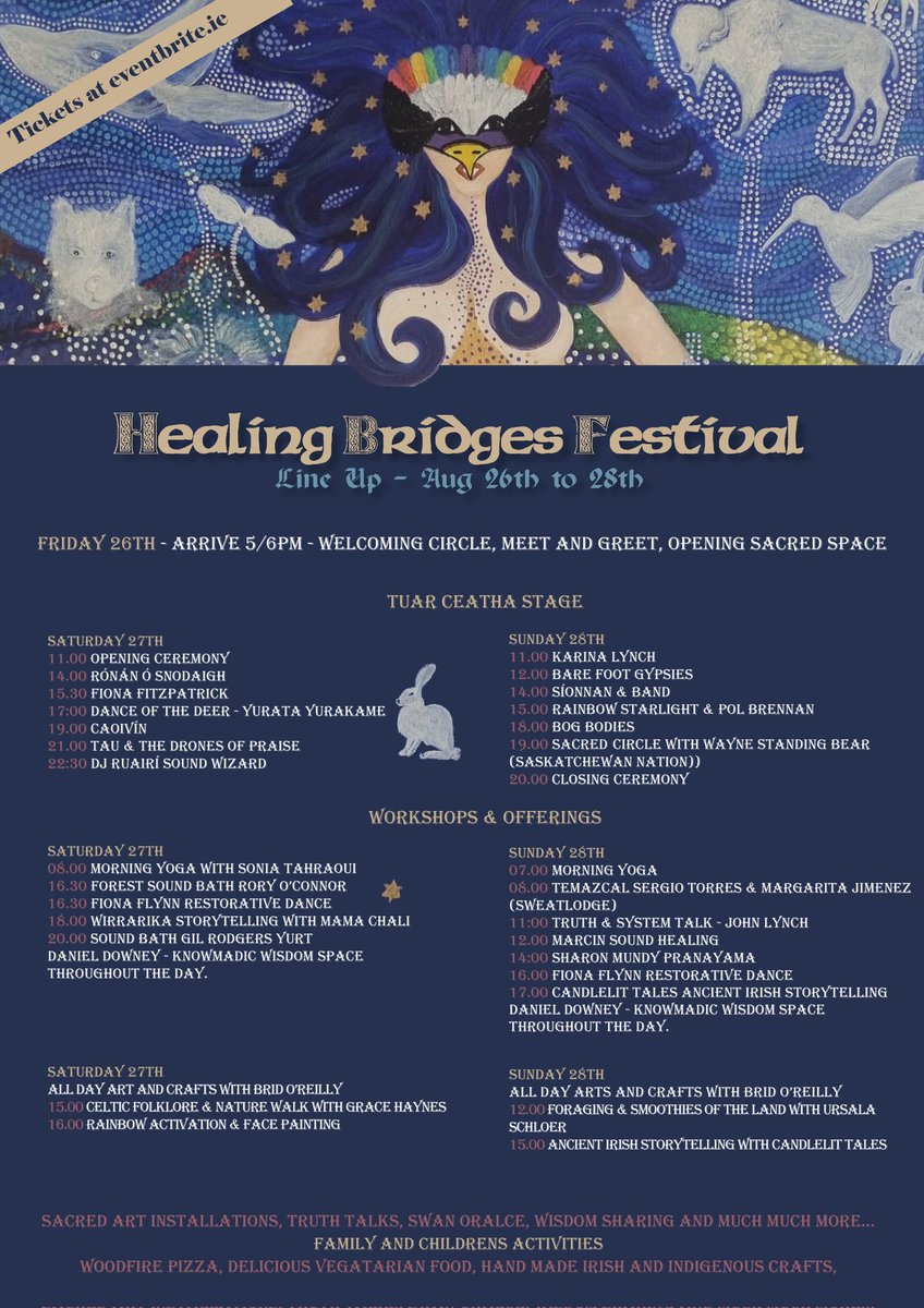 LorrieTee's tweet photo. The line up for #Healingbridgesfestival is here!  Looking forward to this fantastic weekend @drummanyspirit #festival #healing @ThisIsCavan @ronanosnodaigh @poloconghaile Limited tickets still available at https://t.co/fWzjWA1OCN https://t.co/QovNaAIOTq