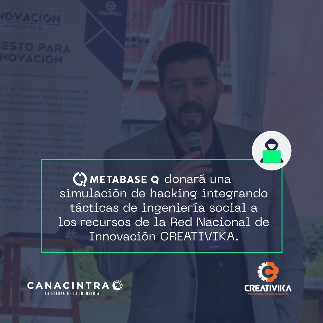 BatutaPlatform's tweet photo. #MetabaseQ donará una simulación de hacking integrando a los recursos de la Red Nacional de Innovación CREATIVIKA. ¡Nos complace trabajar con @CANACINTRAMex y #CREATIVIKA para construir un mejor futuro para las organizaciones!

#BetterBaseBetterFuture #Ciberseguridad https://t.co/i5pvAZBFiD