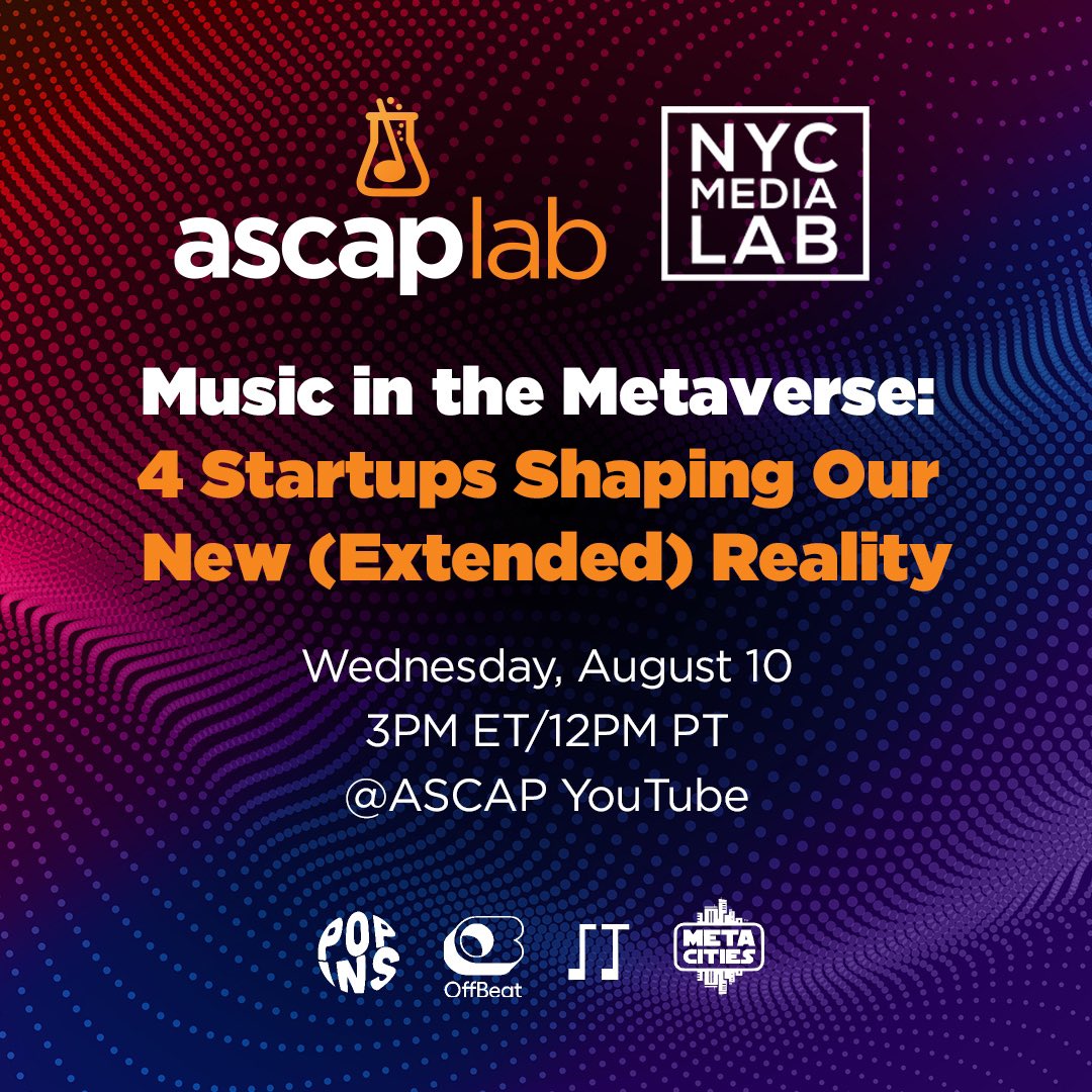 We’re excited to be Premiering at the @ASCAP @ascapexperience @nycmedialab 'Music in the Metaverse: 4 Startups Shaping Our New (Extended) Reality' session, happening TODAY Wednesday, August 10 at 3PM ET/12PM PT. Join here ➡️ lnkd.in/gctfWdFc

#ASCAPExperience #ASCAPLab