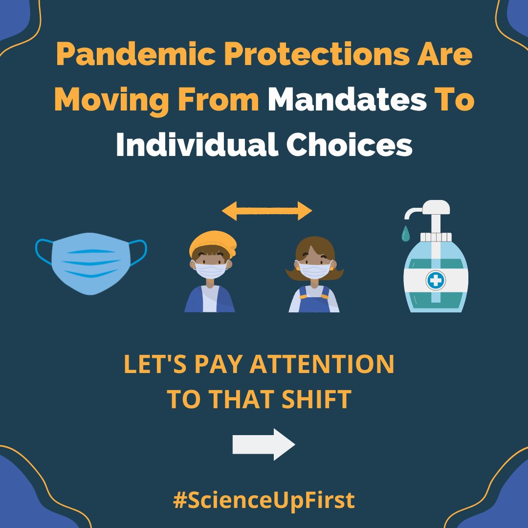 Did you notice?
Mask, test, and vaccine mandates in most settings have lifted and guidance has shifted from “you must do this to protect others” to “do your own risk assessment.” 

#ScienceUpFirst

🧵[1/8]