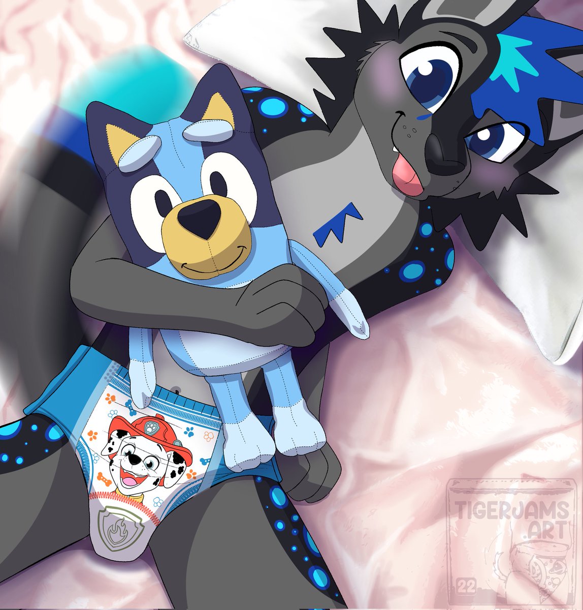 TeenyCheeSkee's tweet photo. I'm all ready for bed with Bluey and my Marshall pull -up! Many thanks to @TigerJamsKiddo for the adorable YCH! https://t.co/IpiDH9jFQA