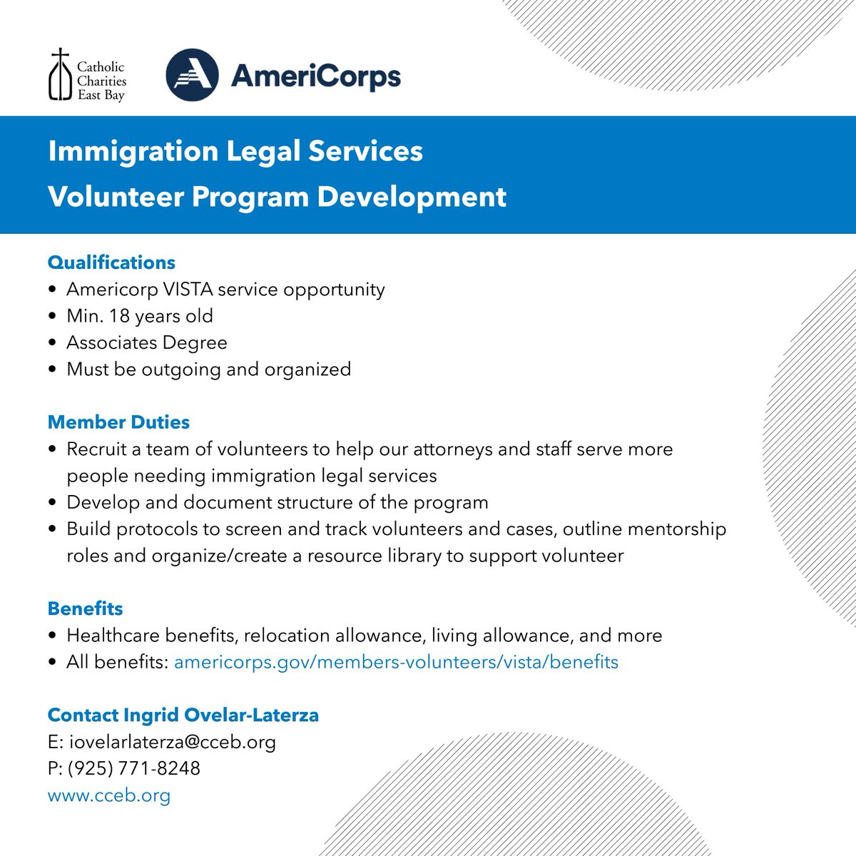 Interested in becoming an Americorps volunteer at Catholic Charities? Help our Immigration Legal Services department! Contact Ingrid today if you're interested in this position.

#hopeliveshere #catholiccharitieseastbay #bettertogether